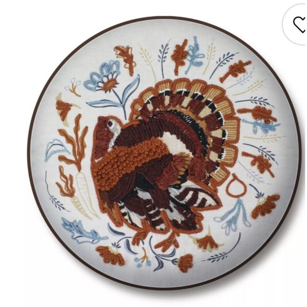 Embroidered Fall Turkey 16" Round Decorative Throw Pillow NEW!! CUTE!!